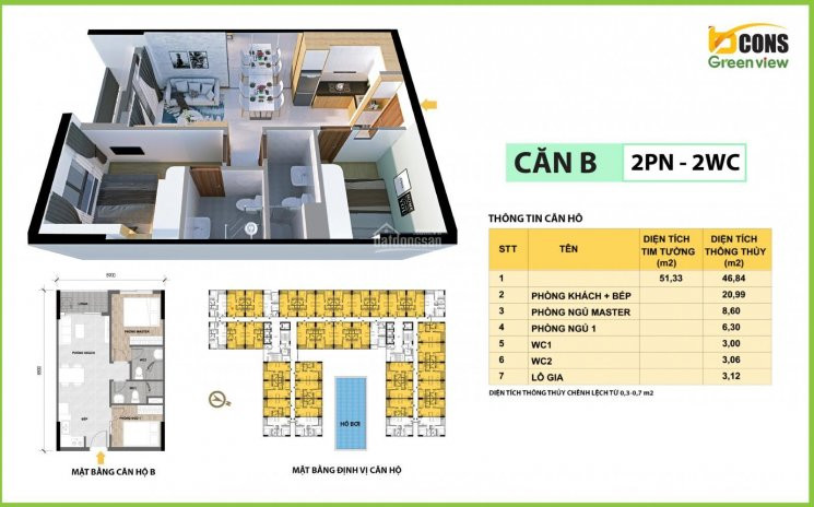 Căn (2pn + 2wc) - 57m2 - Suất Nội Bộ Chỉ 1tỷ600/tt 520tr Kí Hđmb - Bcons Green View 6