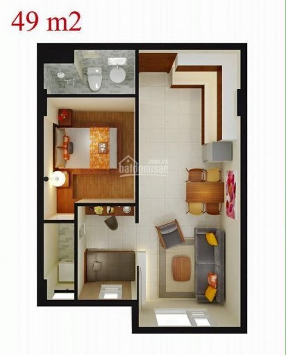 Cho thuê căn hộ 2 mặt tiền, 2PN (1 + 1), 49m2, lầu 8