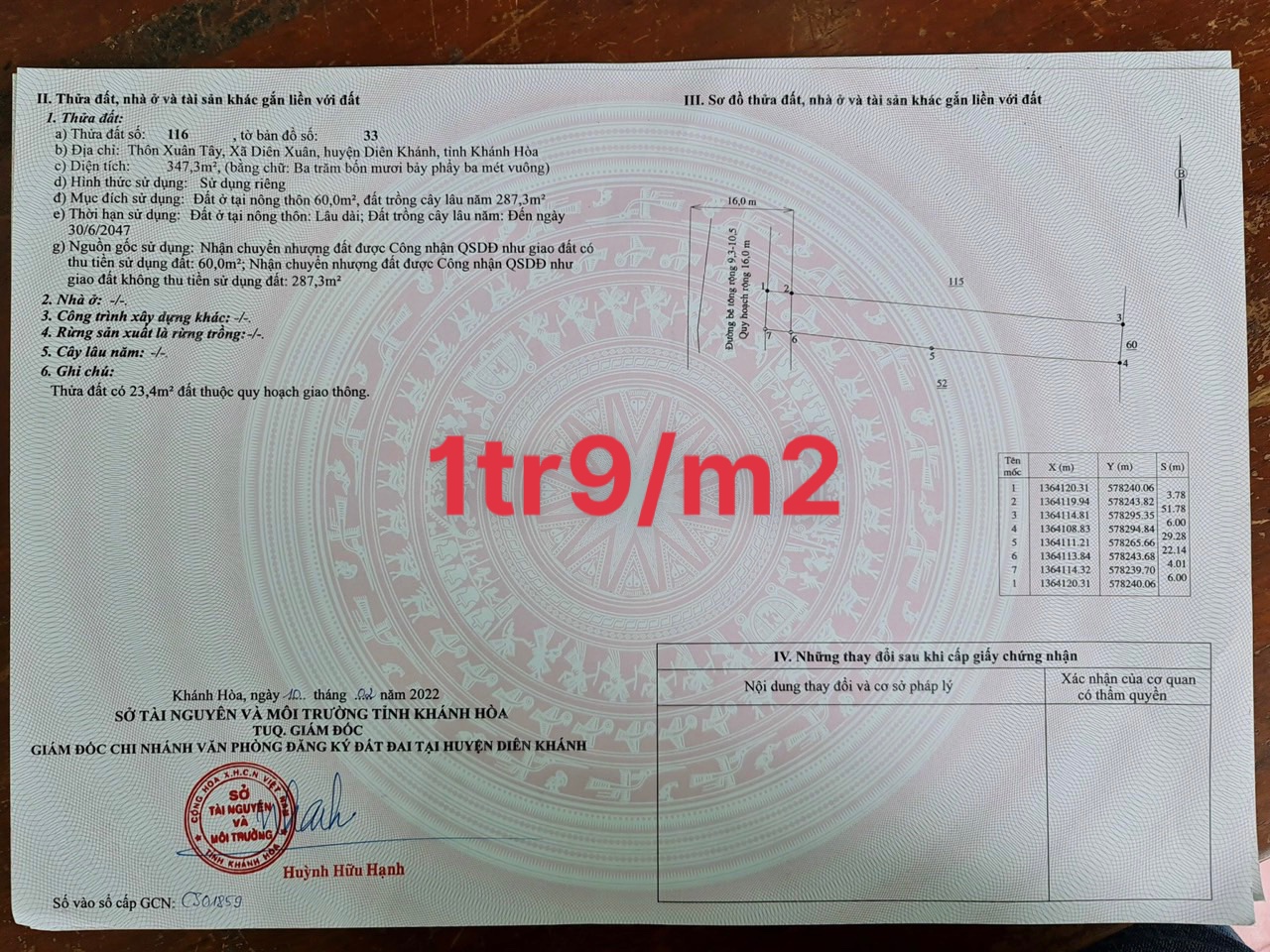 Cần bán Đất Xã Diên Xuân, Diên Khánh, Diện tích 323.9m², Giá 615 Triệu