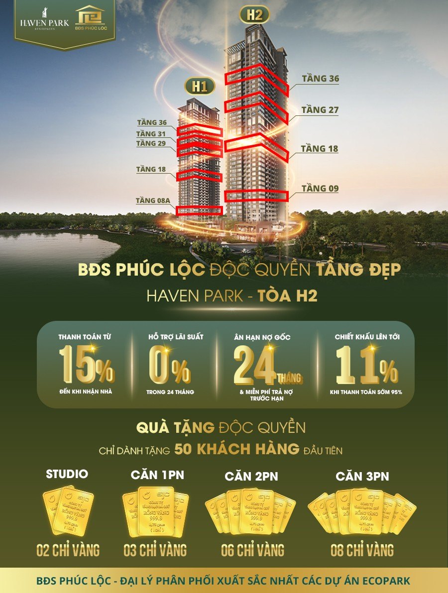 Quỹ căn mới giá cạnh tranh nhất tòa H2 Haven Park Ecopark: Tầng độc quyền 08,19,27 2