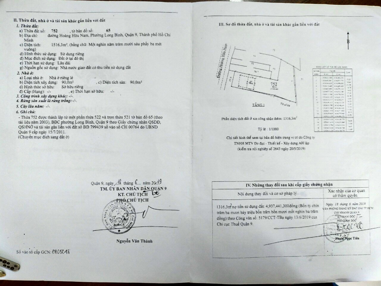 Bán 1516m thổ cư, MT Hoàng Hữu Nam,quận 9,hợp xây cao ốc vp Giá :106tỷ