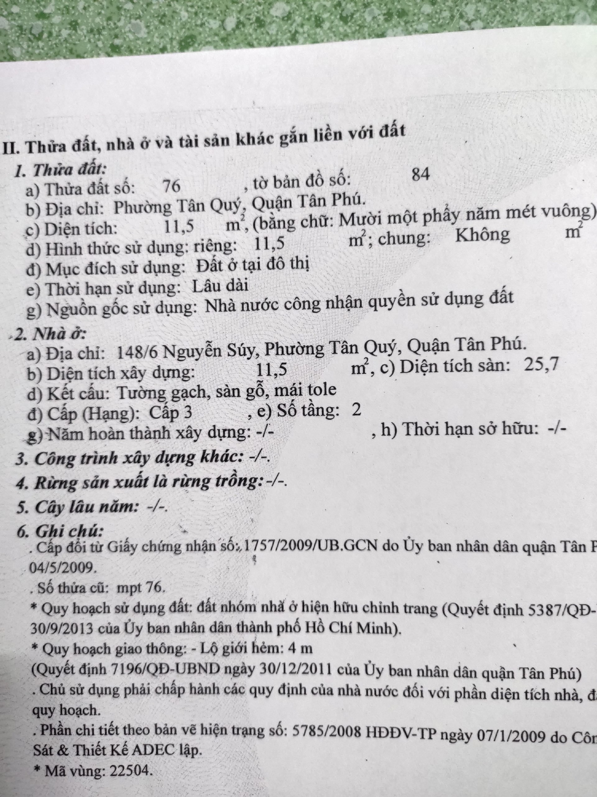 Chủ nhà cần bán nhà hẻm đường Nguyễn Súy, Phường Tân Quý, Q. Tân Phú