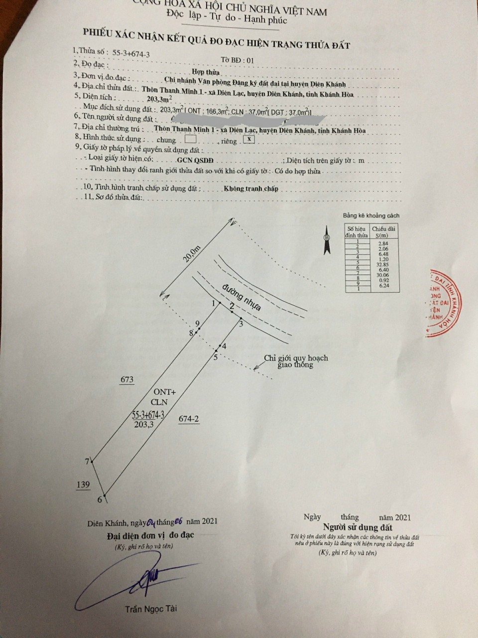 Bán đất full thổ cư 203m2 mặt tiền đường Tư Văn, cách Tỉnh Lộ 2 chỉ 60m, Diên Lạc, Diên Khánh 2