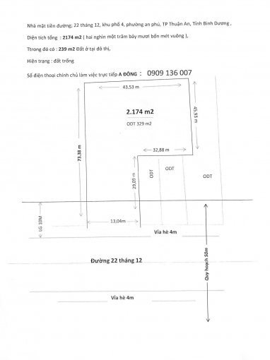 Chính Chủ Bán Nhanh Lô đất Mặt Tiền đường 22 Tháng 12, Phường An Phú, Tp Thuận An Bd, Dt 2174m2 đất Giá 21 Tỷ