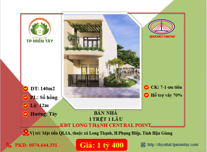 Cần bán Nhà mặt tiền đường Quốc lộ 1A, Xã Long Thạnh, Diện tích 140m², Giá 1.4 Tỷ - LH: 0339090895