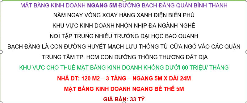 Nhà Mặt tiền KD ngang 6m, 120m2, Bạch Đằng, P24, Bình Thạnh, 33 tỷ 3