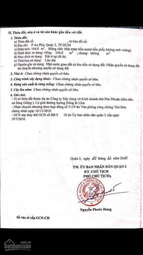 đất Bán Dự án Phú Nhuận Sông Giồng, đường Thân Văn Nhiếp, An Phú, Q2, Dt 144m, Giá 90 Tr/m2, Sổ đỏ 2