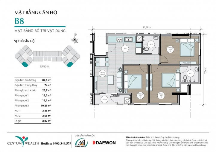 Căn Hộ Centum Wealth, Thuduc House Daewon, Mẫu B8, 825m2, 3pn, View Hồ Bơi + Sân Tennis 4