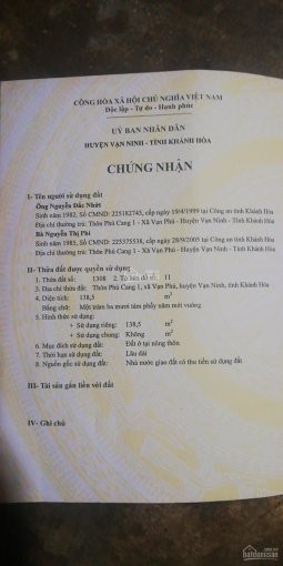 Chính Chủ Cần Tiền Nên Bán Lô đất Giá 600tr Tại Xã Vạn Phú, Vạn Ninh, Khánh Hoà Lh: 0979524762 3