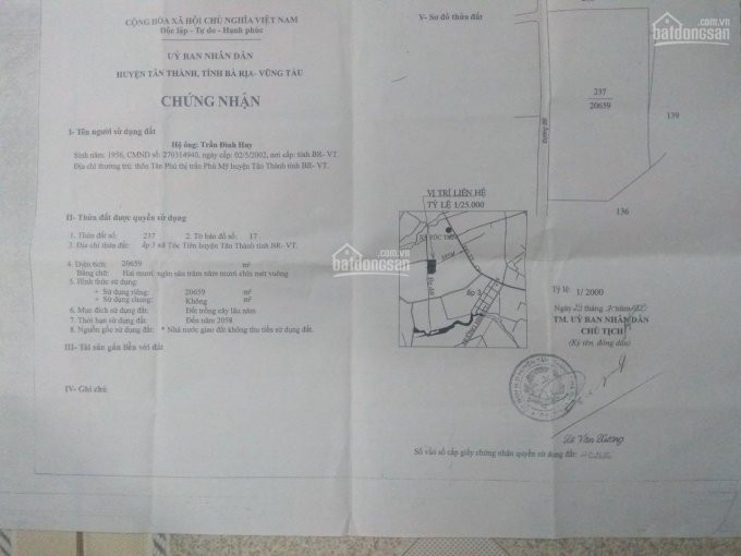 Chính Chủ Bán Nhanh Gấp Lô đất Giá Rẻ Xã Tóc Tiên Thị Xã Phú Mỹ- Bà Rịa Vũng Tàu Chỉ Có 1 Triệu đồng 1m Vuông 5