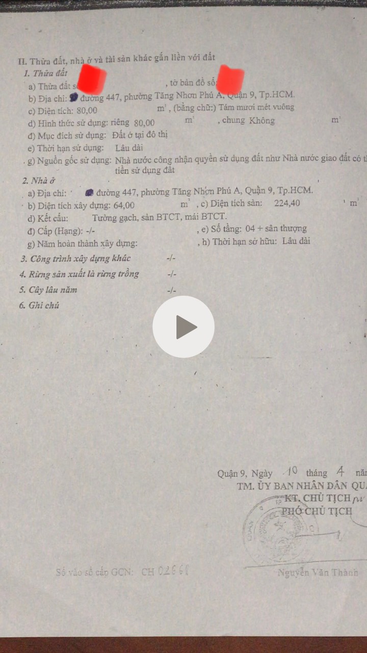 Cần bán Nhà mặt tiền đường 447, Phường Tăng Nhơn Phú A, Diện tích 80m², Giá Thương lượng - LH: 0902417534 4