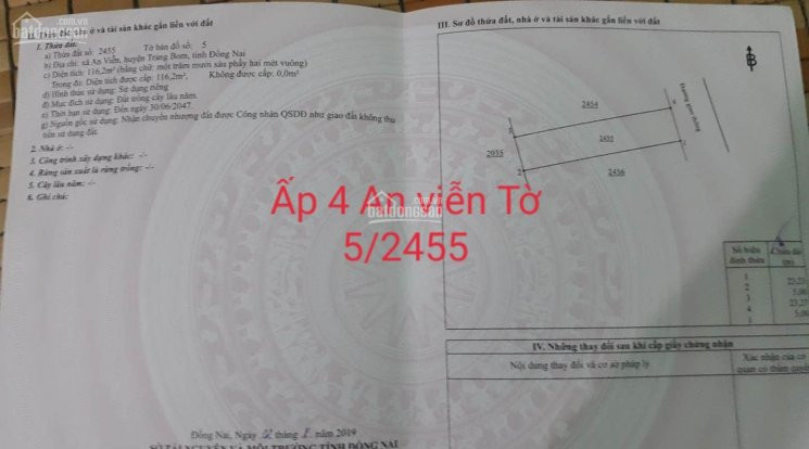 Chính Chủ Bán Nhanh Lô ấp 4 An Viễn Tờ 5/2455(5x23,3=116m2) Trảng Bom,đn 1