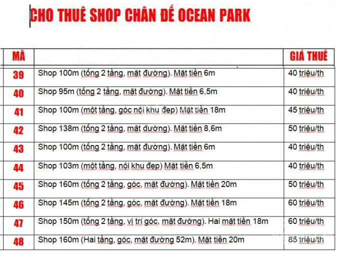 Chính Chủ Cho Thuê Nhanh Shop Chân đế Ocean Park, Một Tầng, Diện Tích Nhỏ, Mặt đường, Mặt Sảnh 3