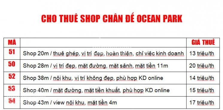 Chính Chủ Cho Thuê Nhanh Shop Chân đế Ocean Park, Một Tầng, Diện Tích Nhỏ, Mặt đường, Mặt Sảnh 6