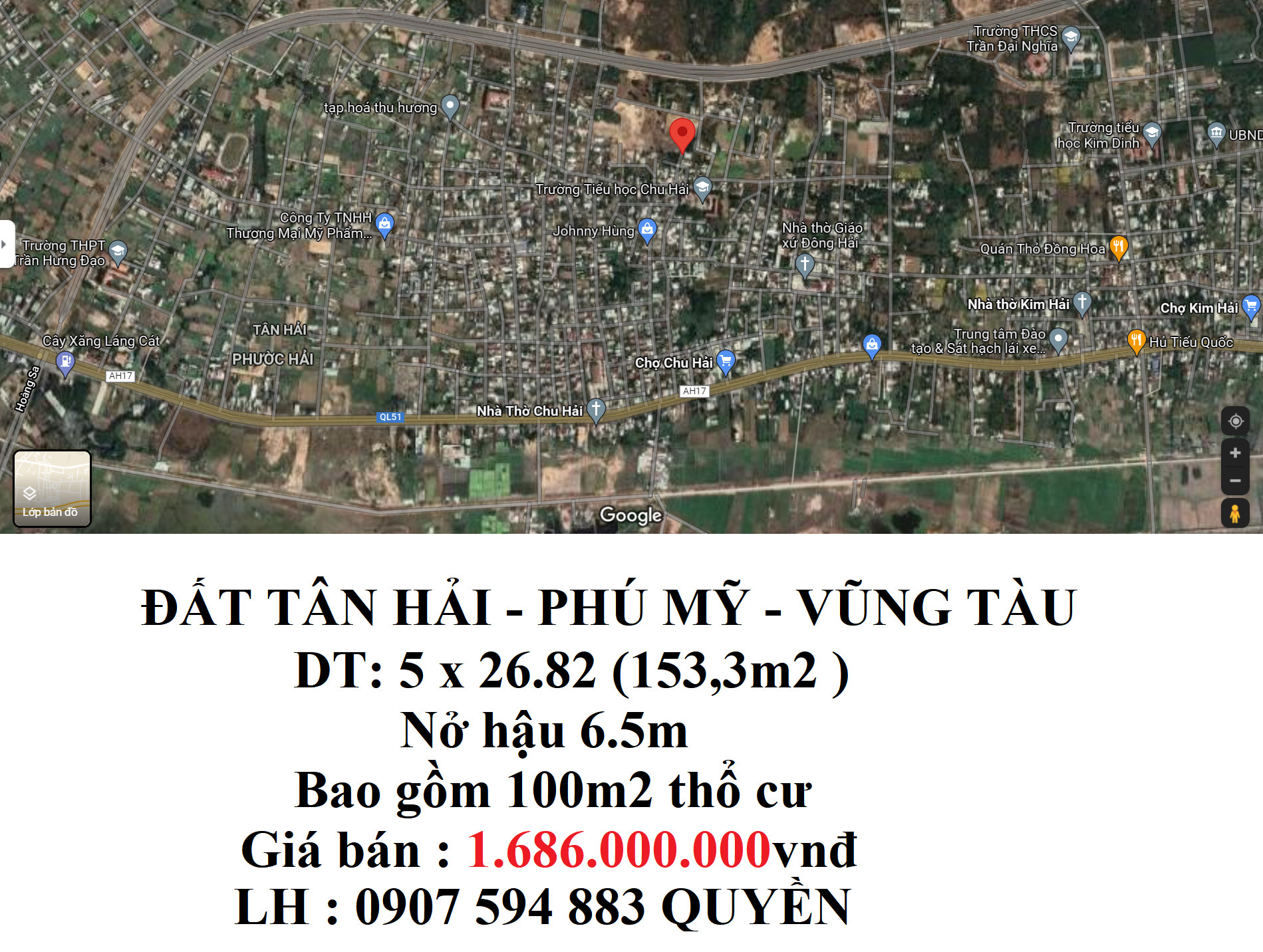 Cần bán Đất Xã Tân Hải, Phú Mỹ, Diện tích 149.9m², Giá 1.648 Tỷ - LH: 0907594883