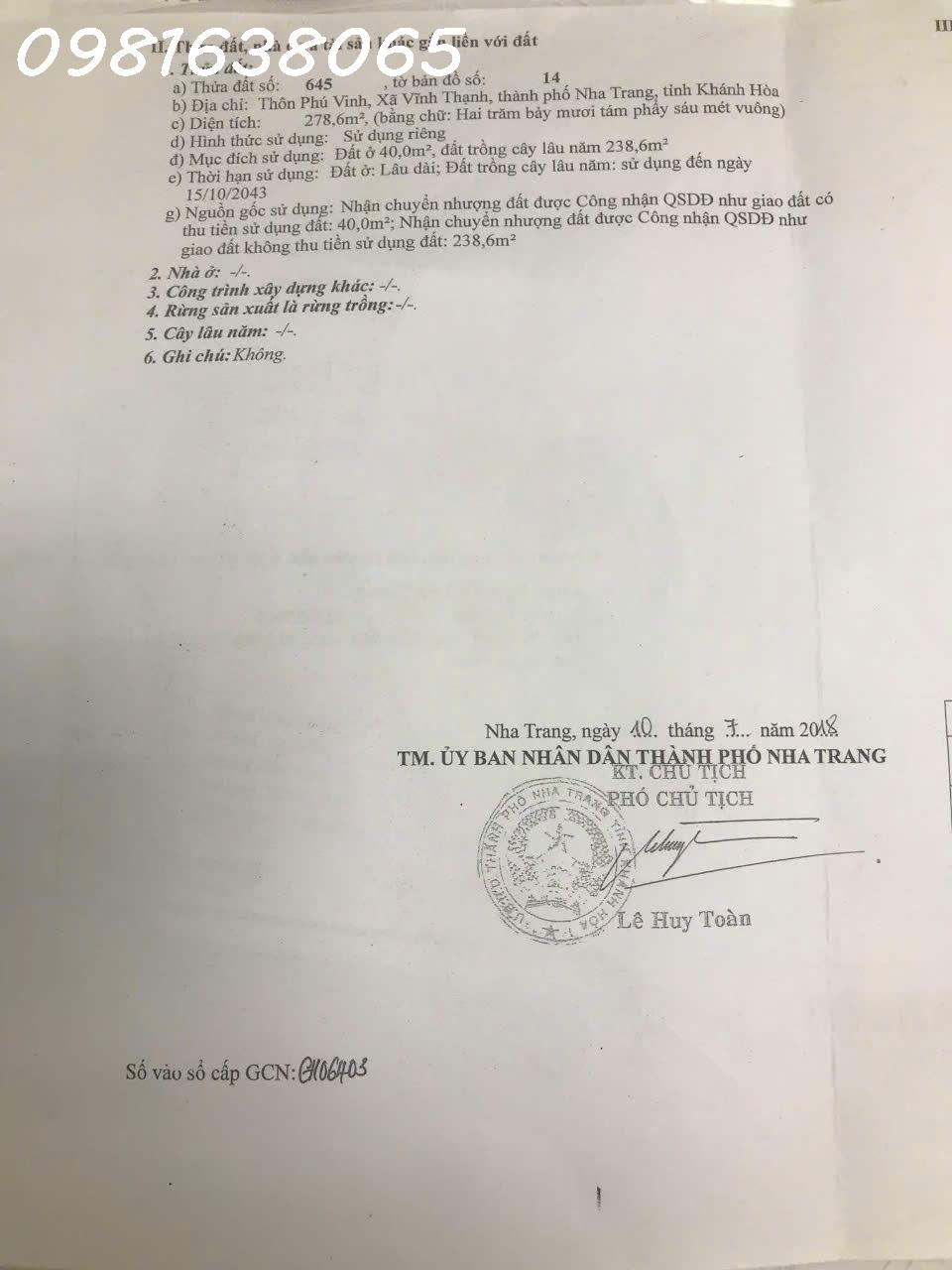 Hàng Hiếm Cần Bán, Phù Hợp Tách Thửa, Cách Đường Lương Định Của Chỉ 30m,  Xã Vĩnh Thạnh, Khánh Hòa 2