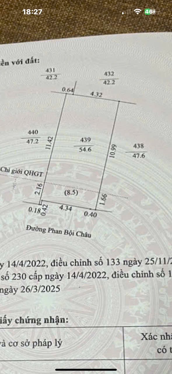 Bán lô đất mặt phố Phan Bội Châu, ph Cẩm Thượng, TP HD, 54.6m2, mt 4.92m, KD buôn bán 3