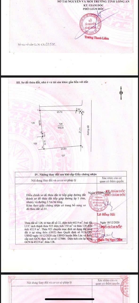 Bán đất thổ lúa vuông vức , đường beton xe 8 tấn xã Tân Bửu  tdt 600m2 ( 150m2 thổ ) giá 6 tỷ 3