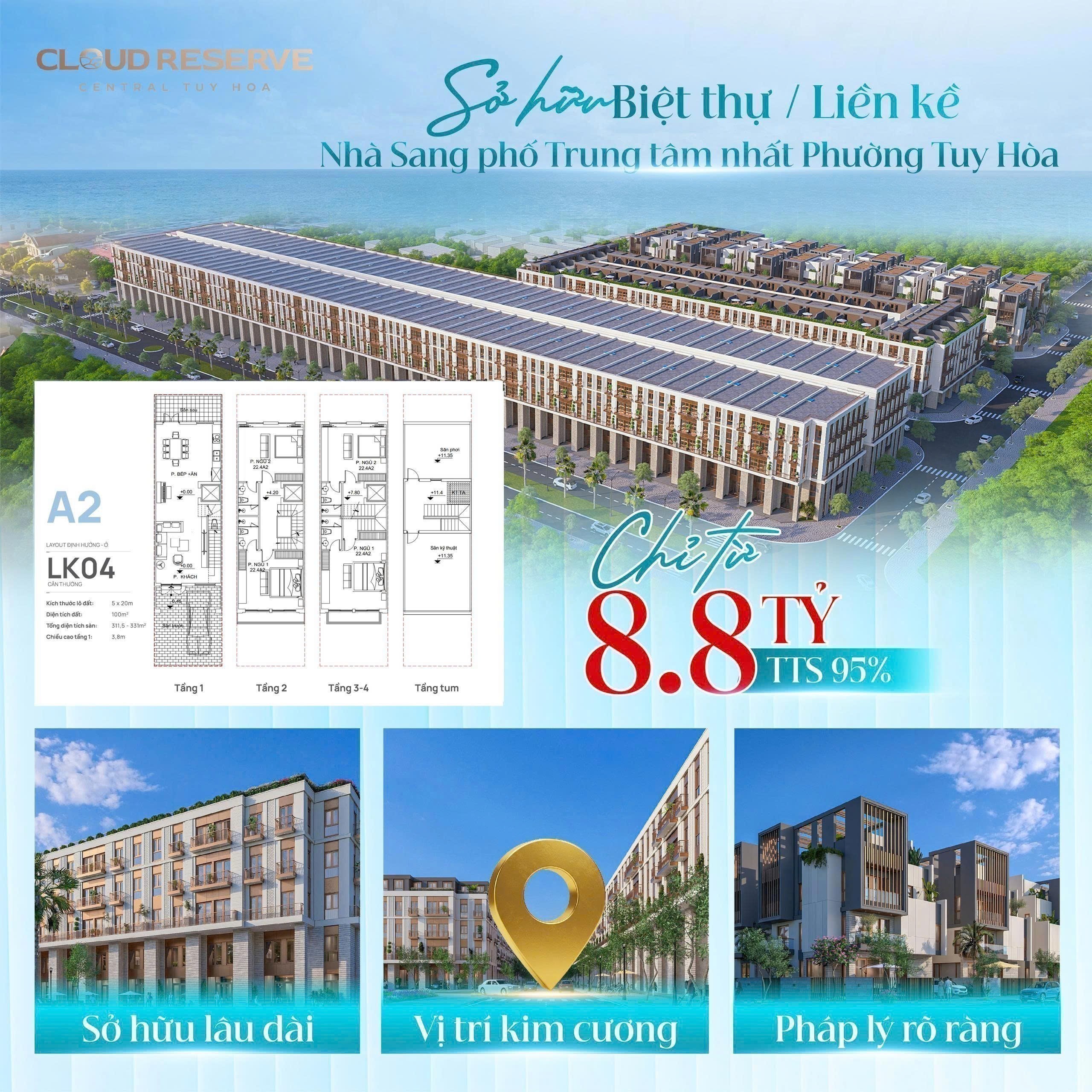 Cần bán Nhà mặt tiền dự án Cloud Reserve Central Tuy Hòa, Diện tích 100m²,xây 4,5 tầng,gần vin com 7