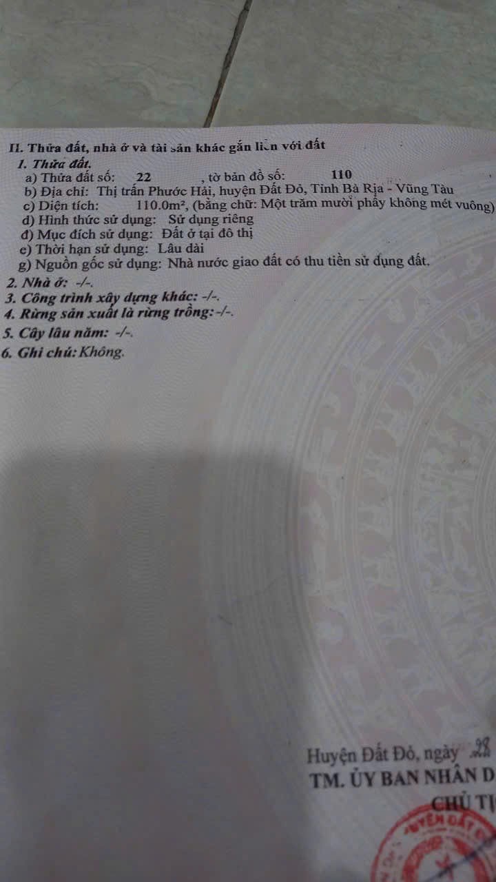 Cần bán Đất Đất Đỏ, Bà Rịa Vũng Tàu, Diện tích 110m², Giá 6.000.000 Triệu/m²