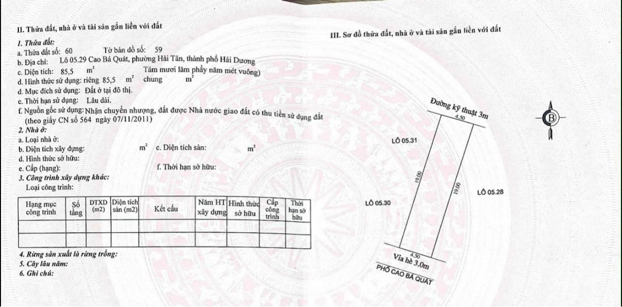 Bán đất khu Đông Nam Cường,  mặt phố Cao Bá Quát, TP HD, 85.5m2, mt 4.5m, hướng nam 3