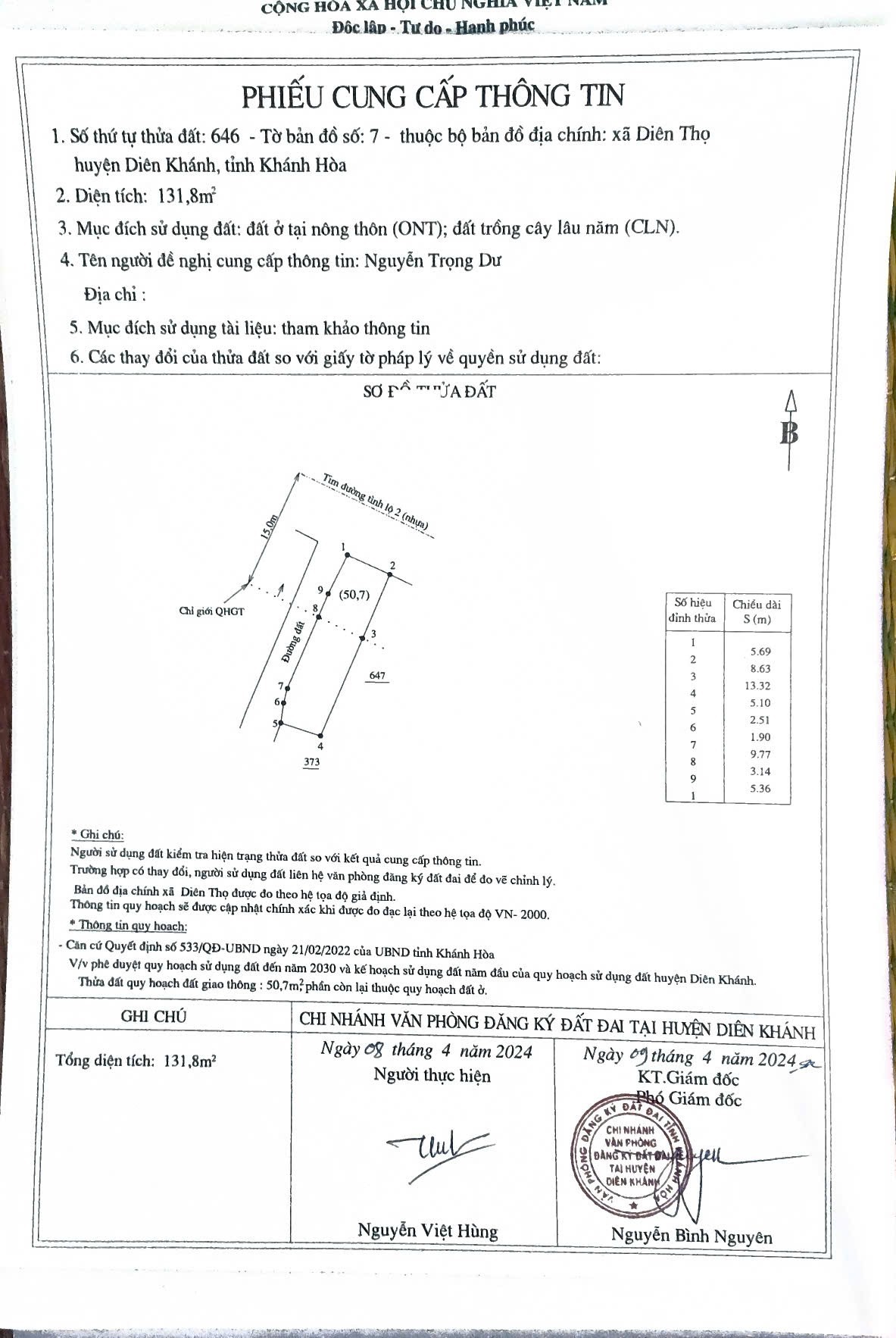 Bán đất mặt tiền Tỉnh Lộ 2 - Diên Thọ ngay khu dân cư sầm uất thôn Lễ Thạnh 8