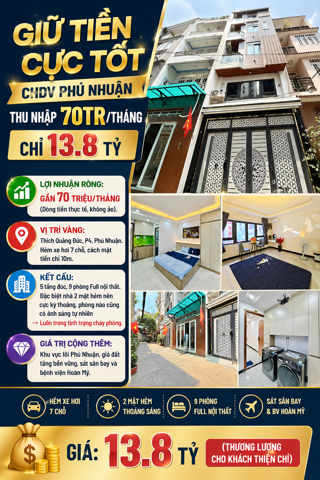 GIỮ TIỀN CỰC TỐT - CHDV PHÚ NHUẬN - THU NHẬP 70TR/THÁNG - CHỈ 13.8 TỶ