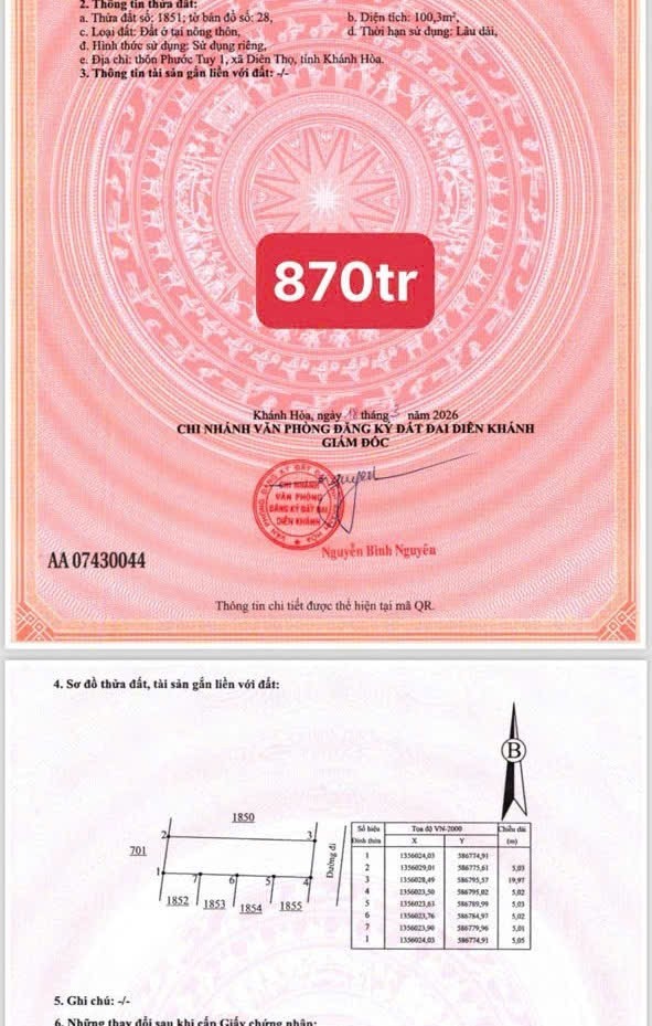 Bán đất Diên Phước full thổ đối diện khu tái định cư cạnh Tỉnh Lộ 2 9