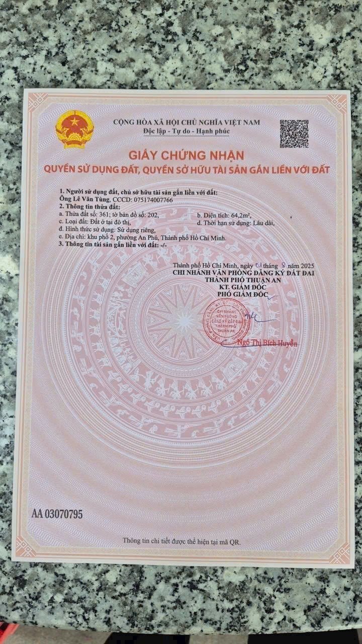 ĐẤT 64M2 FULL THỔ- HẺM XE 1/ NGUYỄN DU 64M - NGAY CỔNG SAU VSIP 1 - GẦN KDC THANH BÌNH