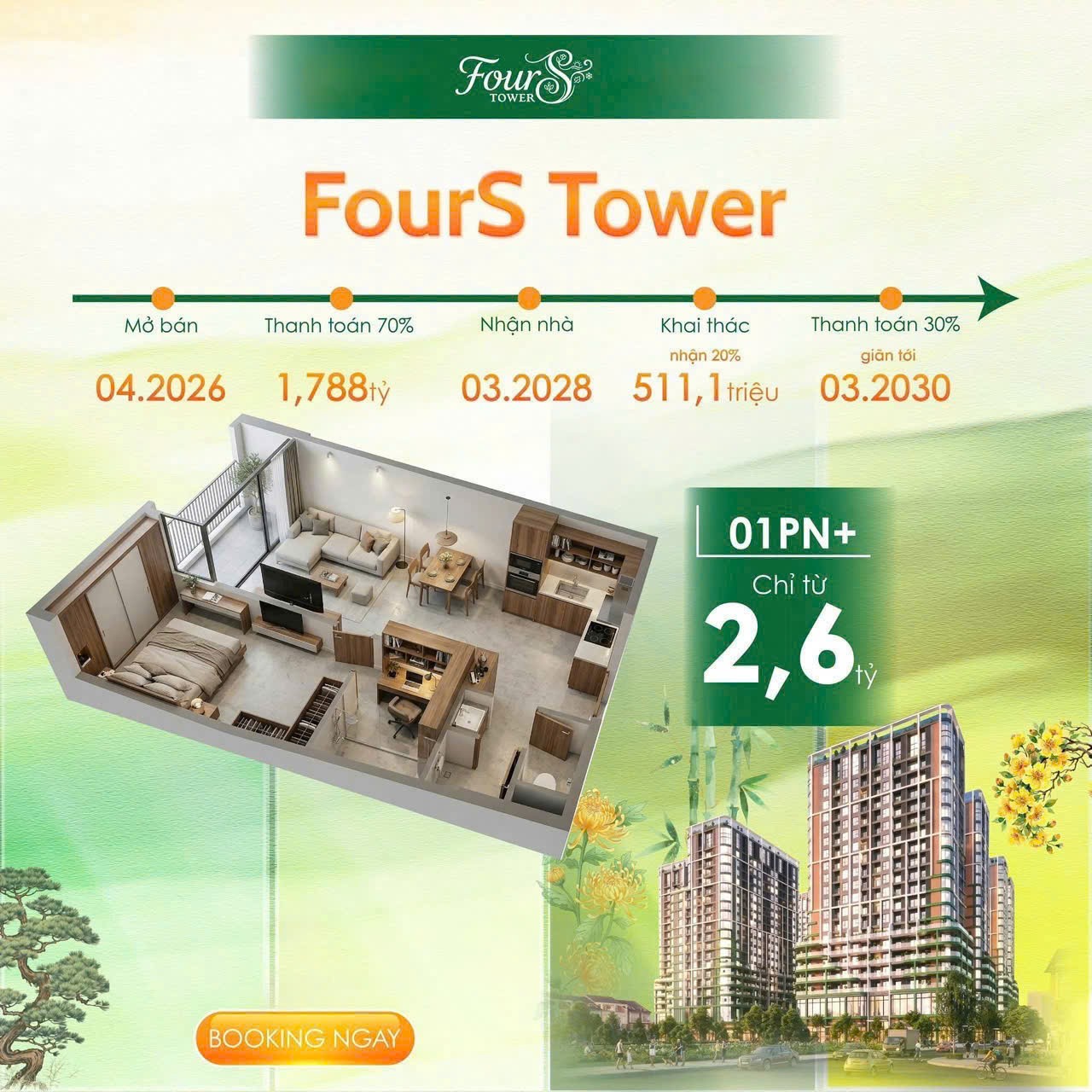 Quỹ Căn Thưởng Toà F1&F5 Sun FourS Tower Độc Quyền 2,55 tỷ. 0% lãi suất 3 năm, vốn 25% từ 600 triệu 2