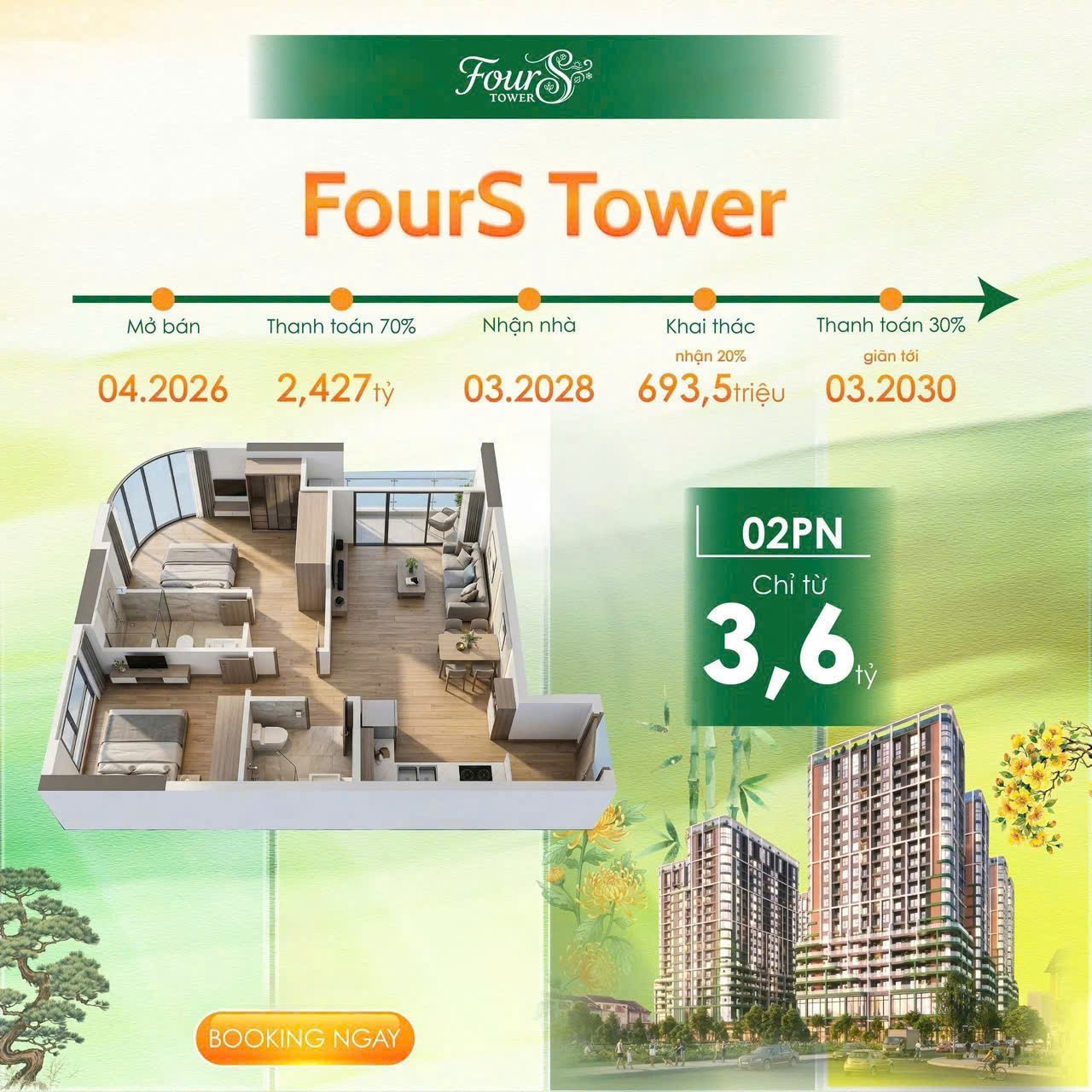 Quỹ Căn Thưởng Toà F1&F5 Sun FourS Tower Độc Quyền 2,55 tỷ. 0% lãi suất 3 năm, vốn 25% từ 600 triệu 3