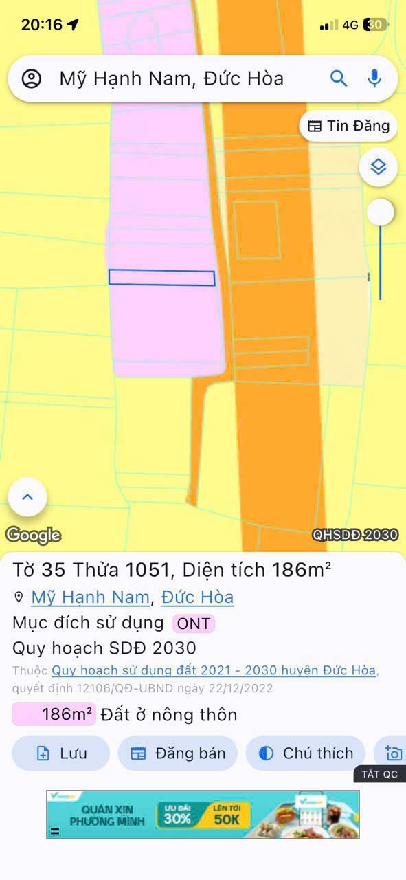 Bán đất thổ cư đường đá xanh oto xã Mỹ Hạnh Nam dt 186m2 giá 1,15 tỷ