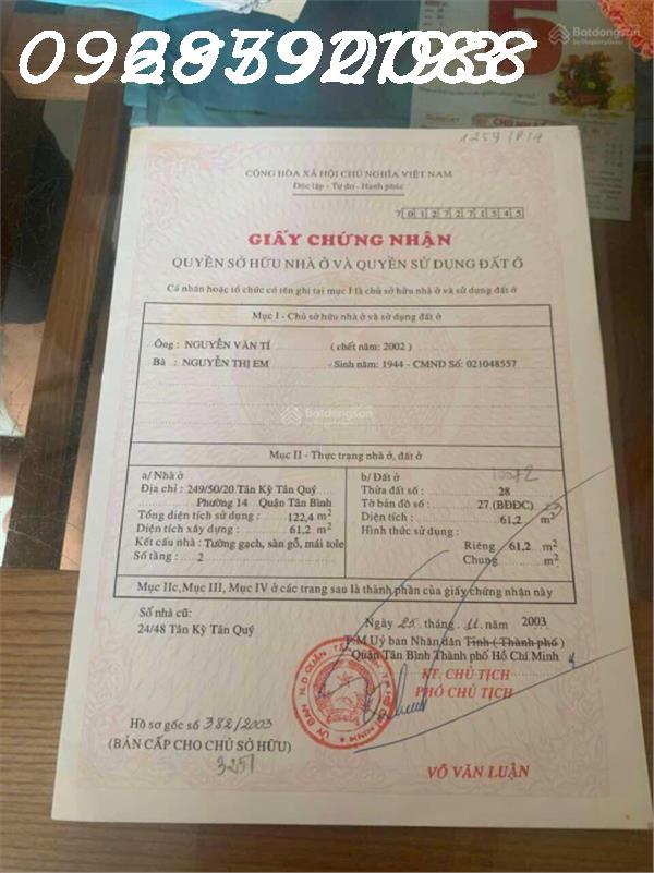 BÁN NHÀ 2 T BTCT 61M2 NGUYỄN QUÝ ANH, P,TSN Q.TP GIÁ 5.8 TỶ CC 3