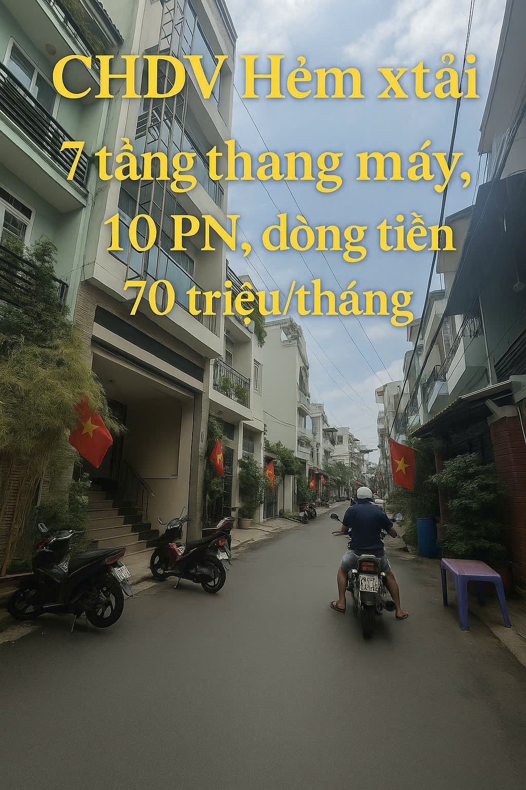BÙI HỮU NGHĨA - HẺM XE TẢI 7 TẦNG THANG MÁY - 10 PN DÒNG TIỀN 70TR/THÁNG - GIÁ 19.7T 5