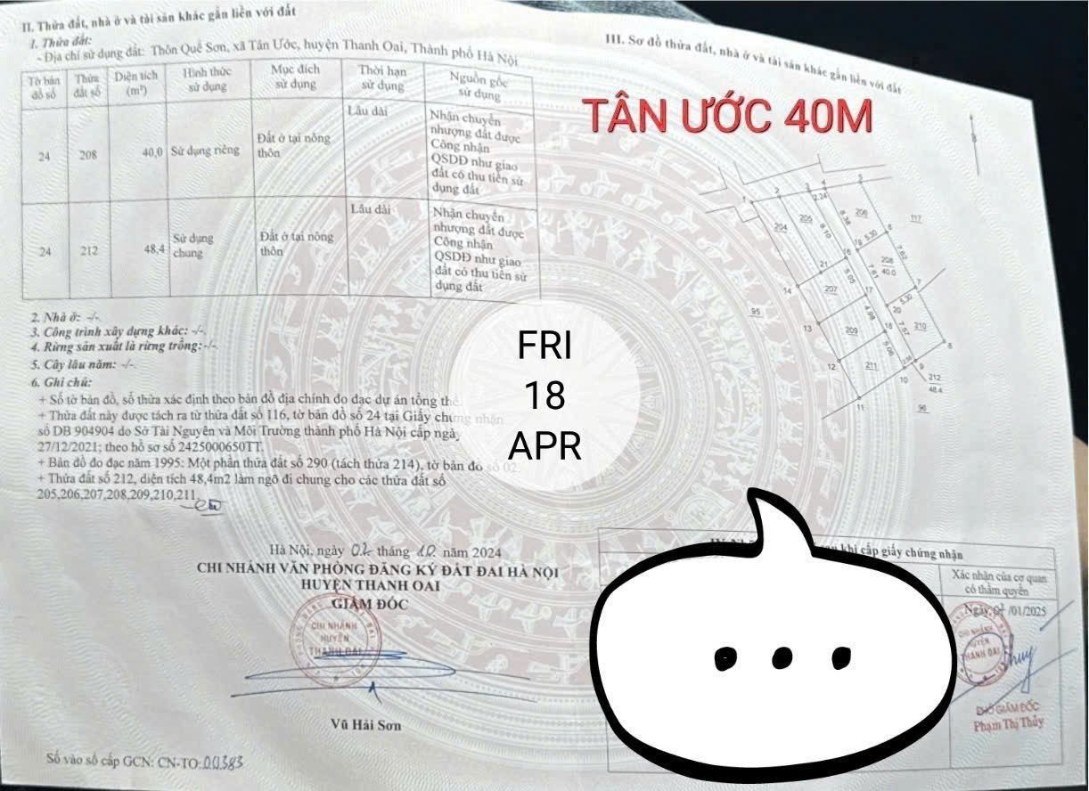 Cần bán Đất Xã Tân Ước, Thanh Oai, Diện tích 40m², Giá 2.1 tỷ