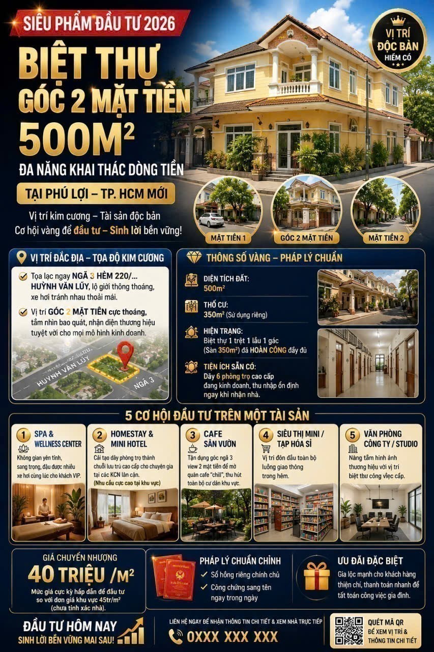 BIỆT THỰ GÓC 2 MẶT TIỀN 500M² – PHÚ LỢI – SIÊU PHẨM ĐẦU TƯ