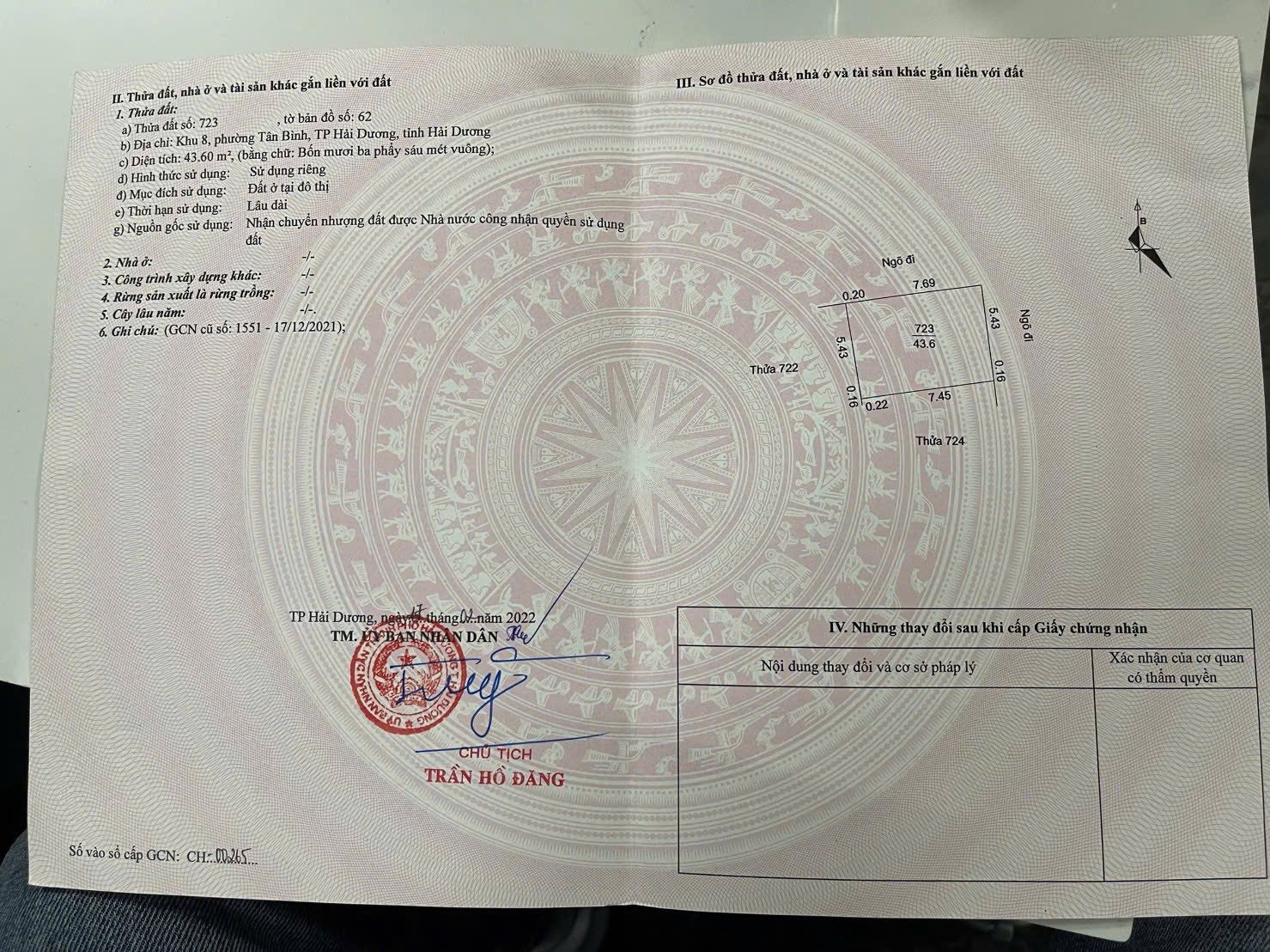 Bán lô đất ngõ phố Bình Lộc, ph Tân Bình, TP HD, 43.6m2, lô góc 2 mặt ngõ, mt 5.59m, chỉ 1.8x tỷ 3