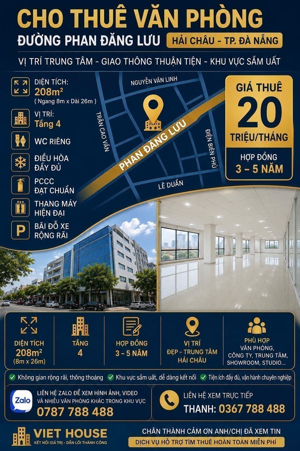 Cho Thuê Văn Phòng Đường Phan Đăng Lưu Hải Châu Đà Nẵng – 220m², Thang Máy, PCCC, Giá 21 Triệu