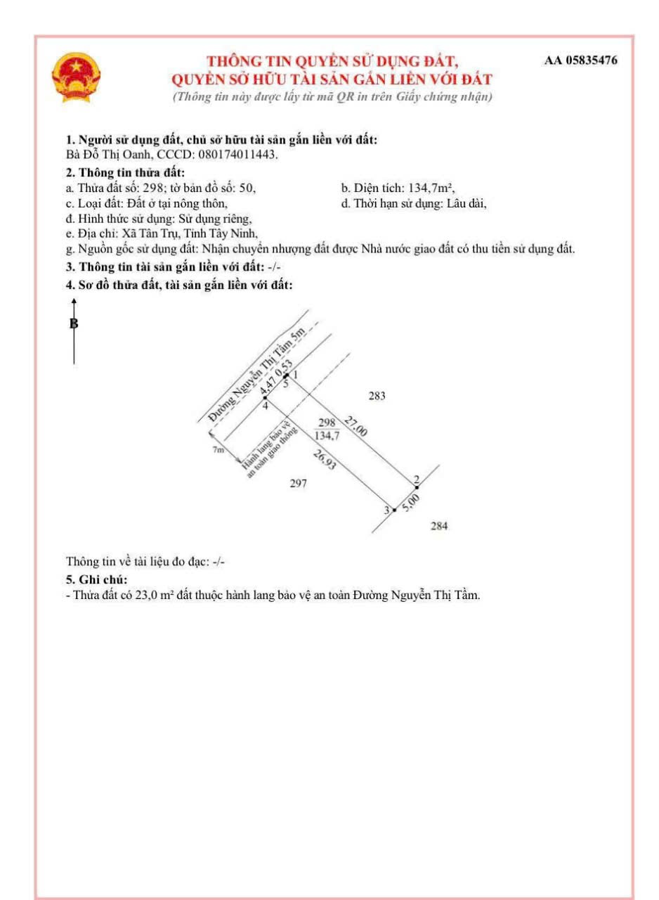 Bán 3 lô đất liền kề mt Nguyễn Thị Tầm, xã Bình Lãng, Tân Trụ dt 135m2 full thổ giá 540 triệu / lô