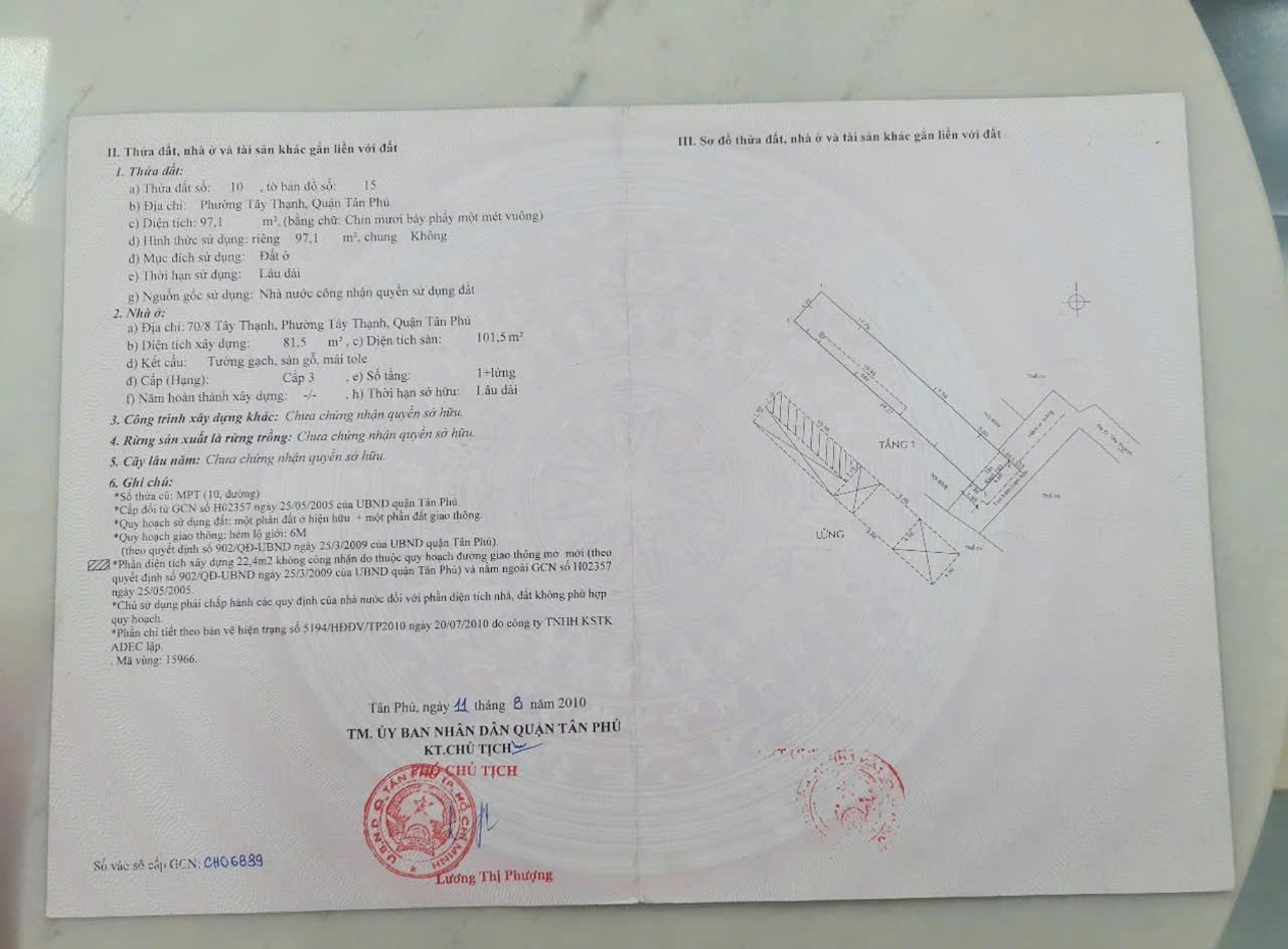 Cần bán Nhà ở, nhà cấp 4, nhà hẻm Phường Tây Thạnh, Tân Phú, Diện tích 97m², Giá 6.5 Tỷ 5