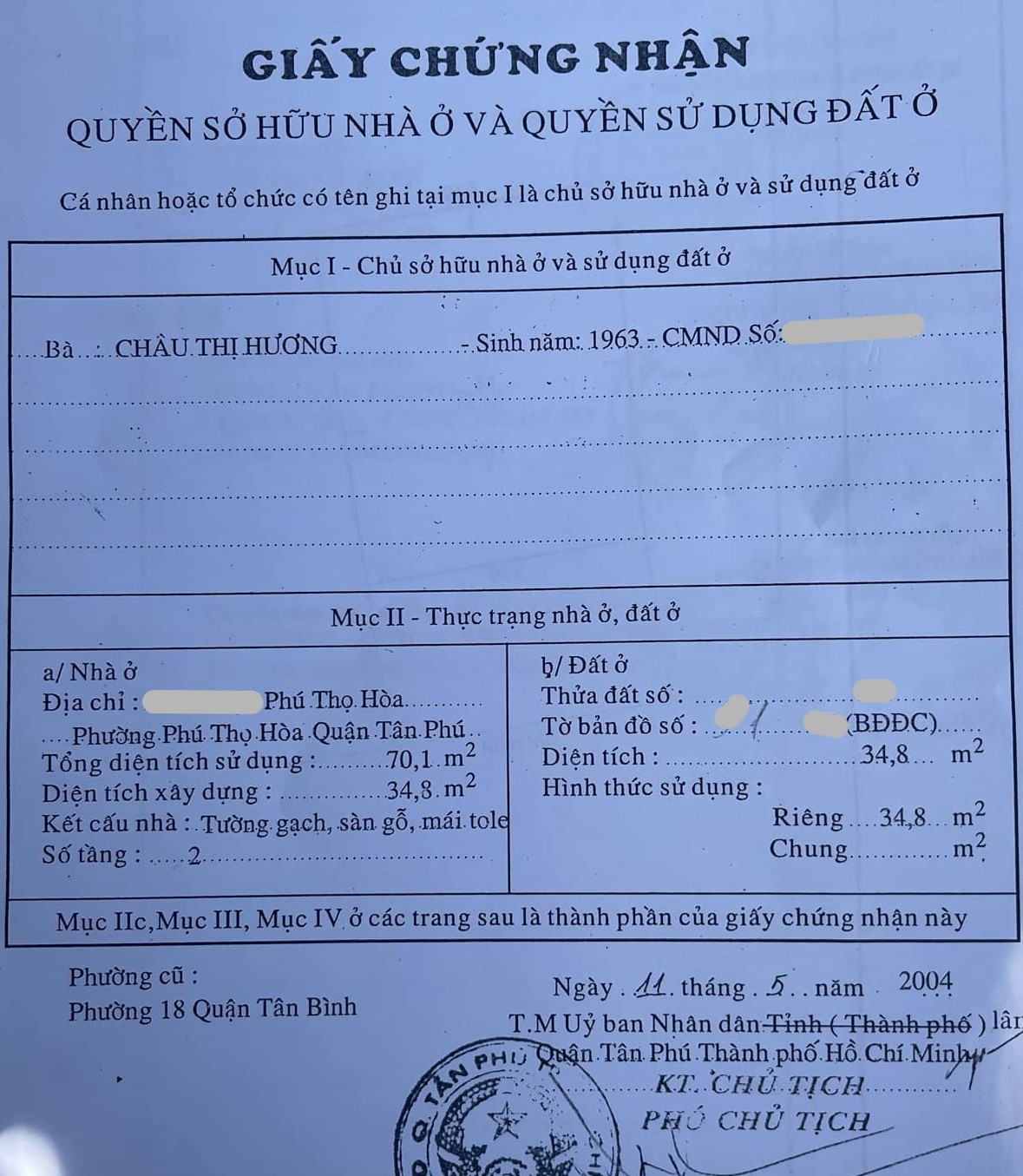 35M2 HẺM THÔNG PHÚ THỌ HOÀ, Ngang 5m nở hậu, 3.69 tỷ
