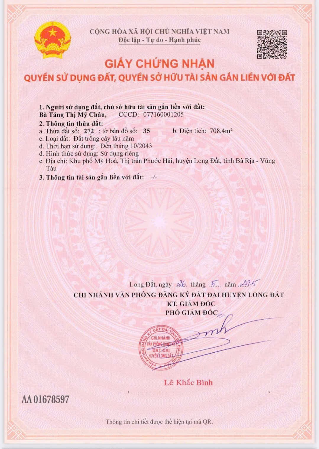 Cần bán Đất đường Tỉnh lộ 44, Thị trấn Phước Hải, Diện tích 708m², Giá 1.2 Tỷ 5