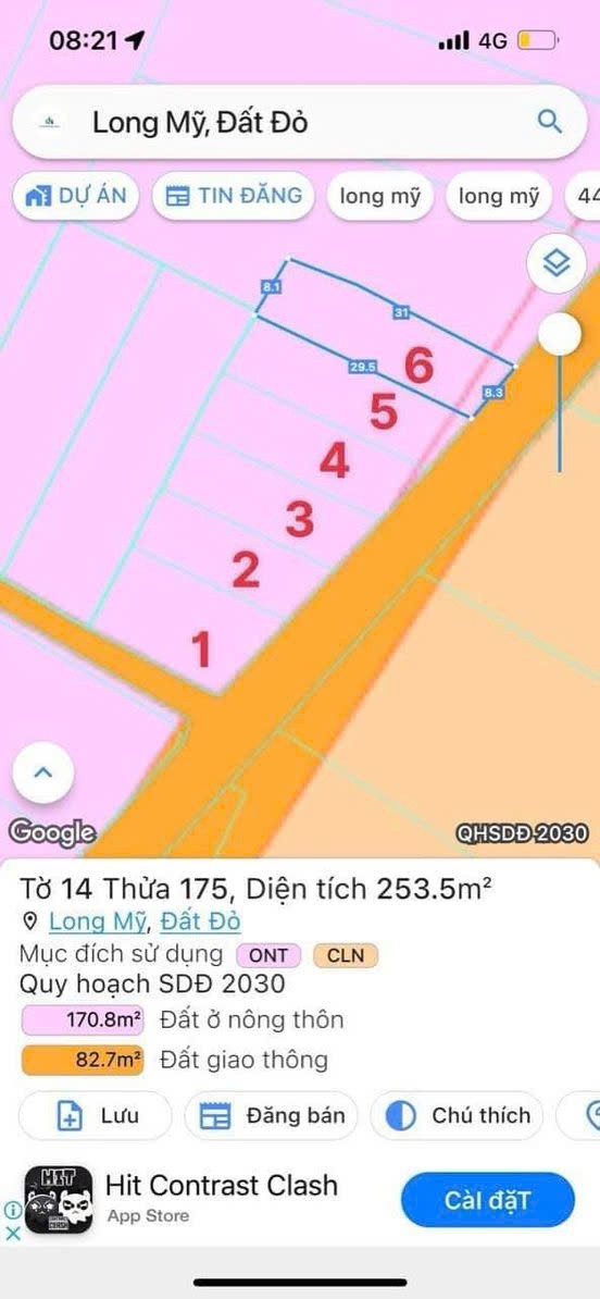 Cần bán Đất đường Tỉnh lộ 44, Xã Long Mỹ, Diện tích 253m², Giá 1 Tỷ 3