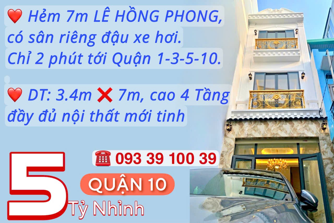 Bán nhà Q10, hẻm 7m có sân oto riêng, cao 4 tầng FullNT: Nhỉnh 5 tỷ.LH: 0933910039 5