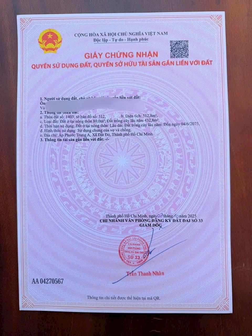 Cần bán Đất đường Nguyễn Huệ, Thị trấn Đất Đỏ, Diện tích 500m², Giá 1.55 Tỷ
