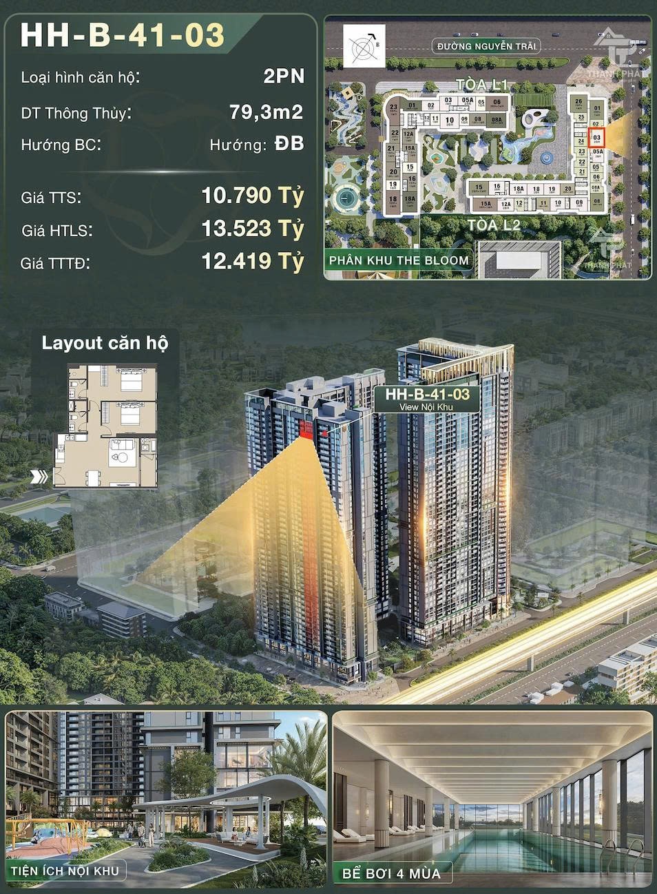 Bán Căn 2PN View Nội Khu Đẹp Nhất Tòa L1 The Bloom  79.3m²  Giá Từ 10.XXX 3