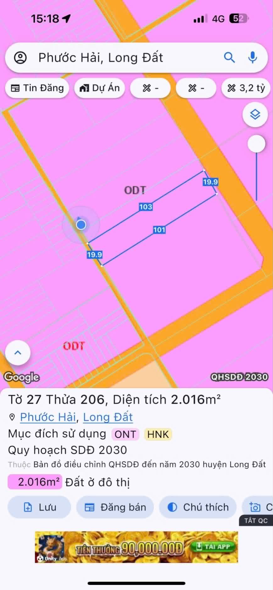 Cần bán Đất đường Tỉnh lộ 44B, Thị trấn Phước Hải, Diện tích 2016m², Giá 1.65 Tỷ 2