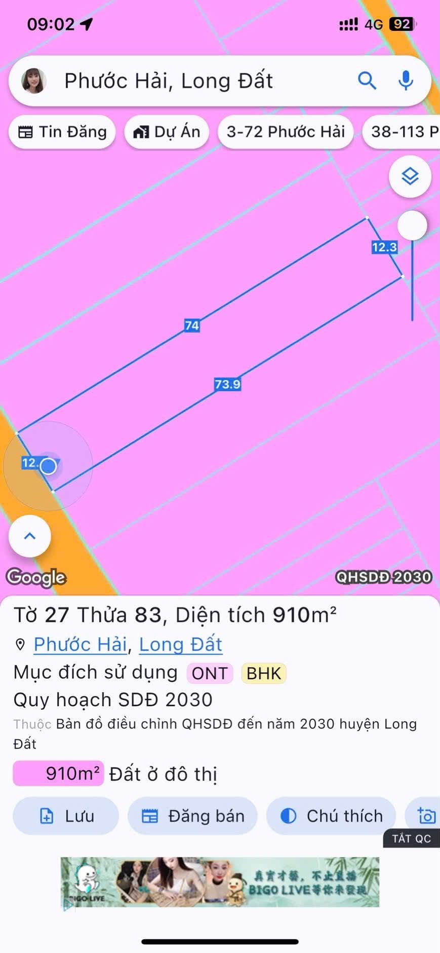 Cần bán Đất đường Tỉnh lộ 44B, Thị trấn Phước Hải, Diện tích 910m², Giá 1.7 Tỷ 2