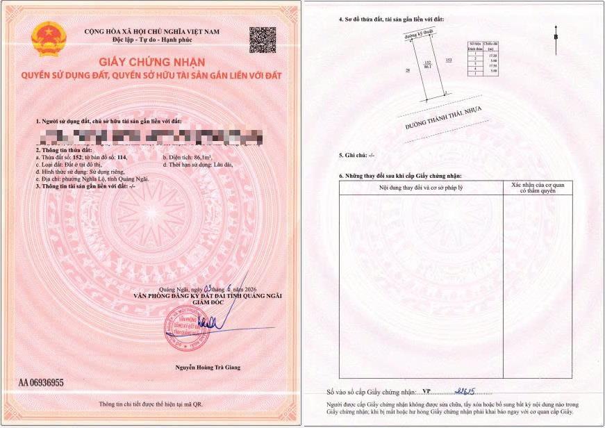 Bán đất mặt tiền Thành Thái, HK Trần Phú cũ, TP Quảng Ngãi, hướng Nam, giá 2,6 tỷ