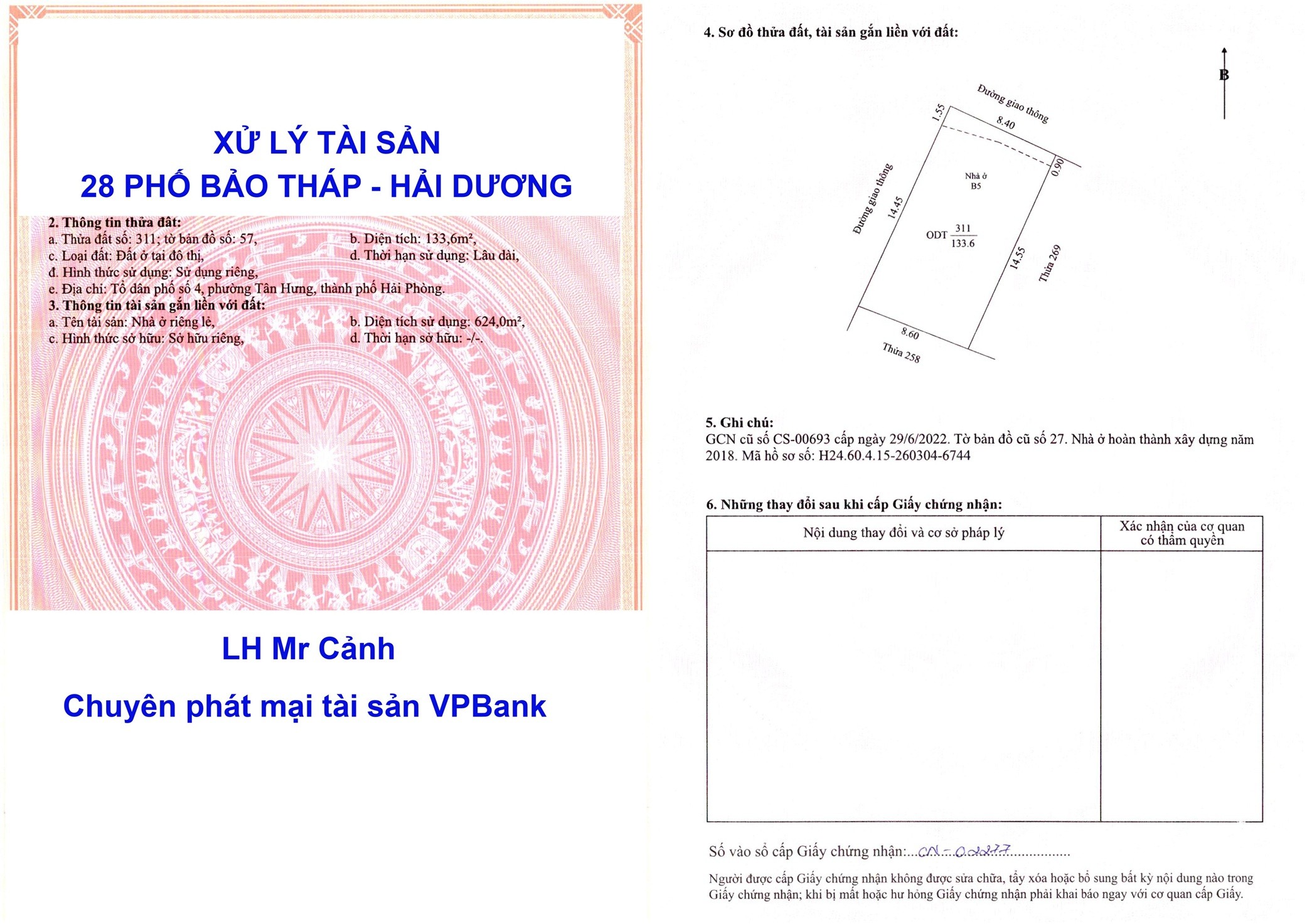 Bán nhà 5 tầng 28 Bảo Tháp, TP Hải Dương (nay là phường Tân Hưng, Hải Phòng)